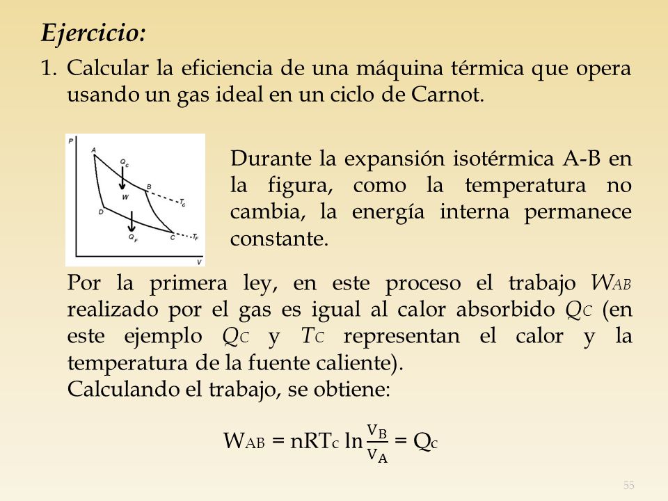 Ejercicio: 1. Calcular la eficiencia de una máquina térmica que opera usando un gas ideal en un ciclo de Carnot.