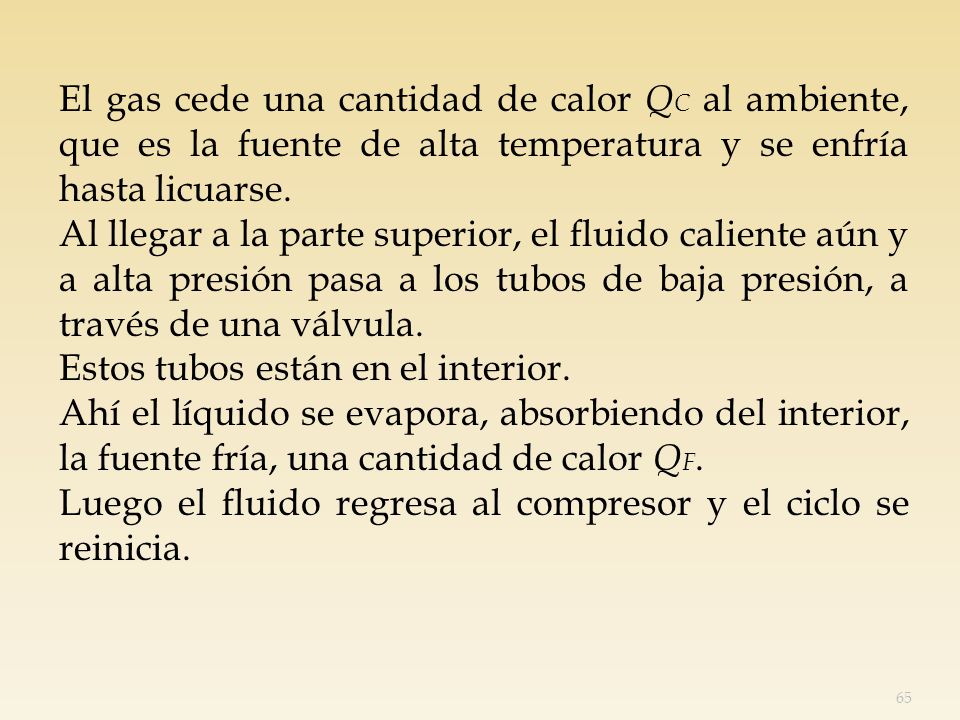El gas cede una cantidad de calor QC al ambiente, que es la fuente de alta temperatura y se enfría hasta licuarse.