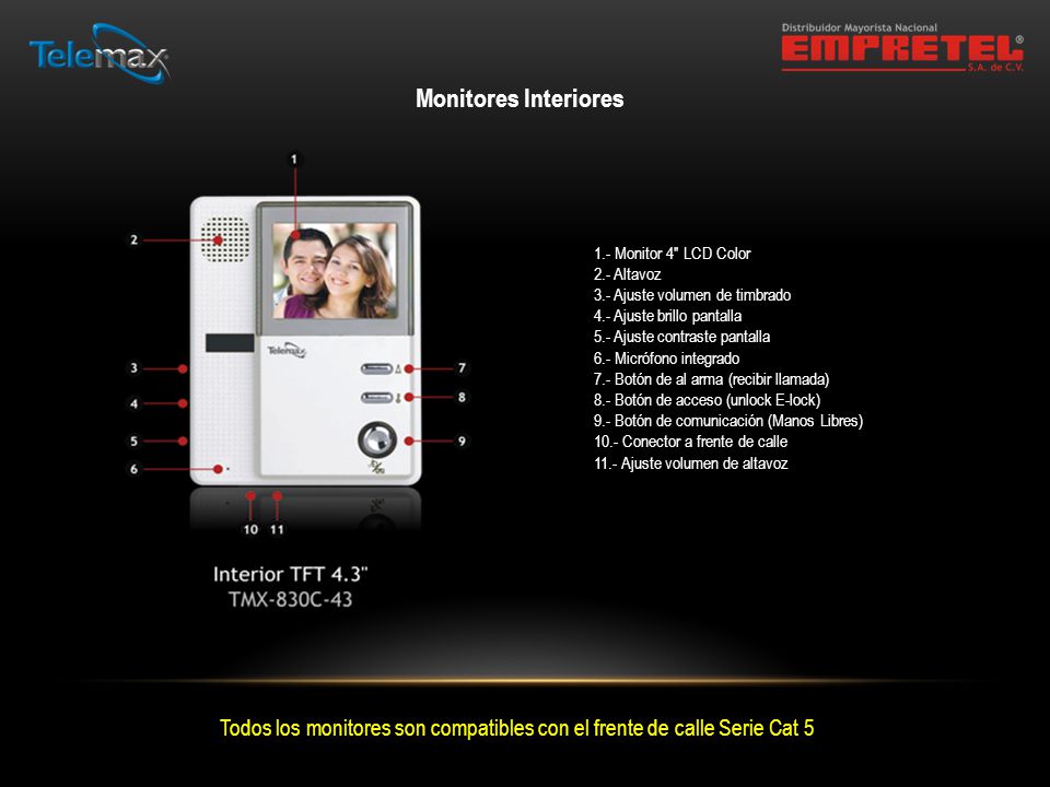 Monitores Interiores 1.- Monitor 4 LCD Color. 2.- Altavoz. 3.- Ajuste volumen de timbrado. 4.- Ajuste brillo pantalla.