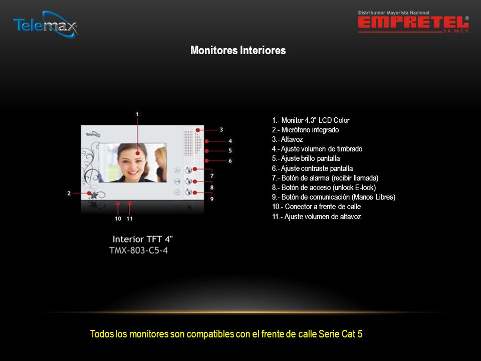 Monitores Interiores 1.- Monitor 4.3 LCD Color. 2.- Micrófono integrado. 3.- Altavoz. 4.- Ajuste volumen de timbrado.