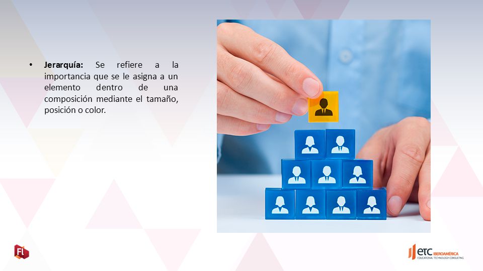 Jerarquía: Se refiere a la importancia que se le asigna a un elemento dentro de una composición mediante el tamaño, posición o color.