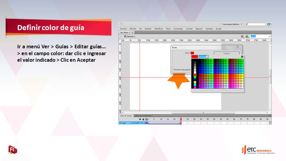 Definir color de guía Ir a menú Ver > Guías > Editar guías… > en el campo color: dar clic e ingresar el valor indicado > Clic en Aceptar.