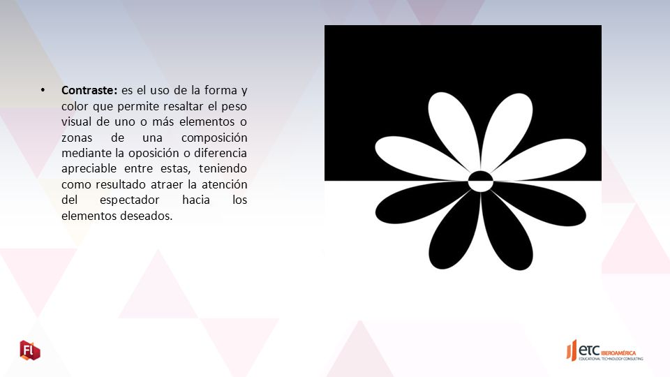 Contraste: es el uso de la forma y color que permite resaltar el peso visual de uno o más elementos o zonas de una composición mediante la oposición o diferencia apreciable entre estas, teniendo como resultado atraer la atención del espectador hacia los elementos deseados.