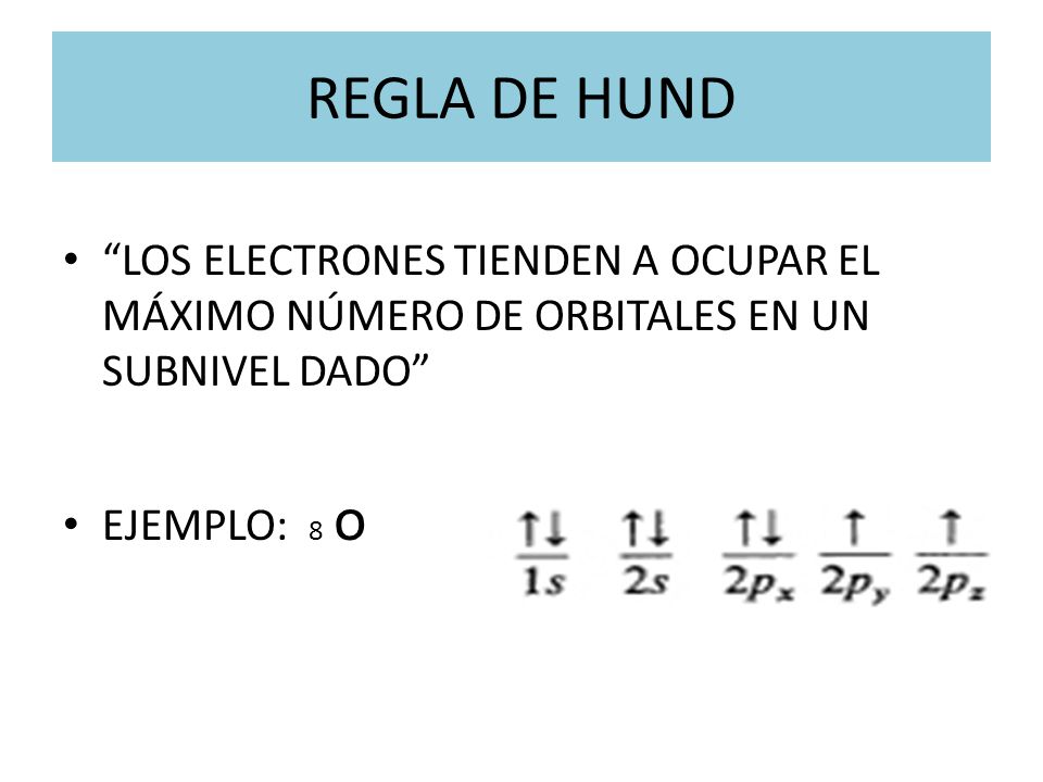 REGLA DE HUND LOS ELECTRONES TIENDEN A OCUPAR EL MÁXIMO NÚMERO DE ORBITALES EN UN SUBNIVEL DADO EJEMPLO: 8 o.