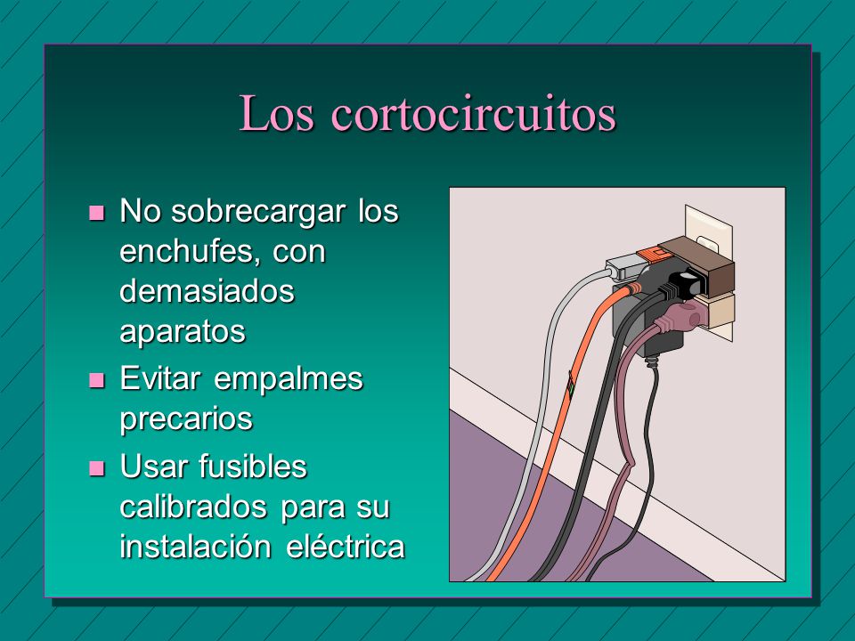 Los cortocircuitos No sobrecargar los enchufes, con demasiados aparatos. Evitar empalmes precarios.