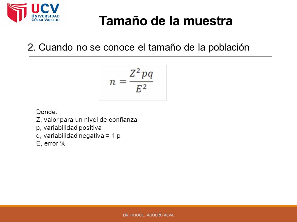 Tamaño de la muestra 2. Cuando no se conoce el tamaño de la población