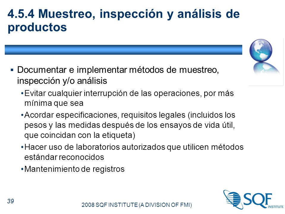 4.5.4 Muestreo, inspección y análisis de productos