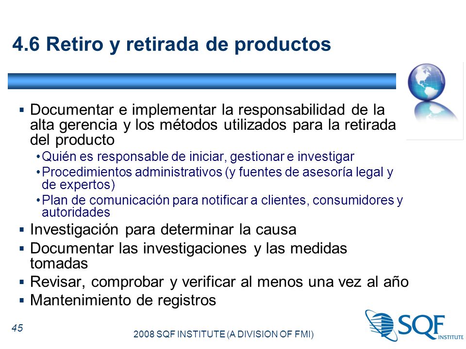 4.6 Retiro y retirada de productos