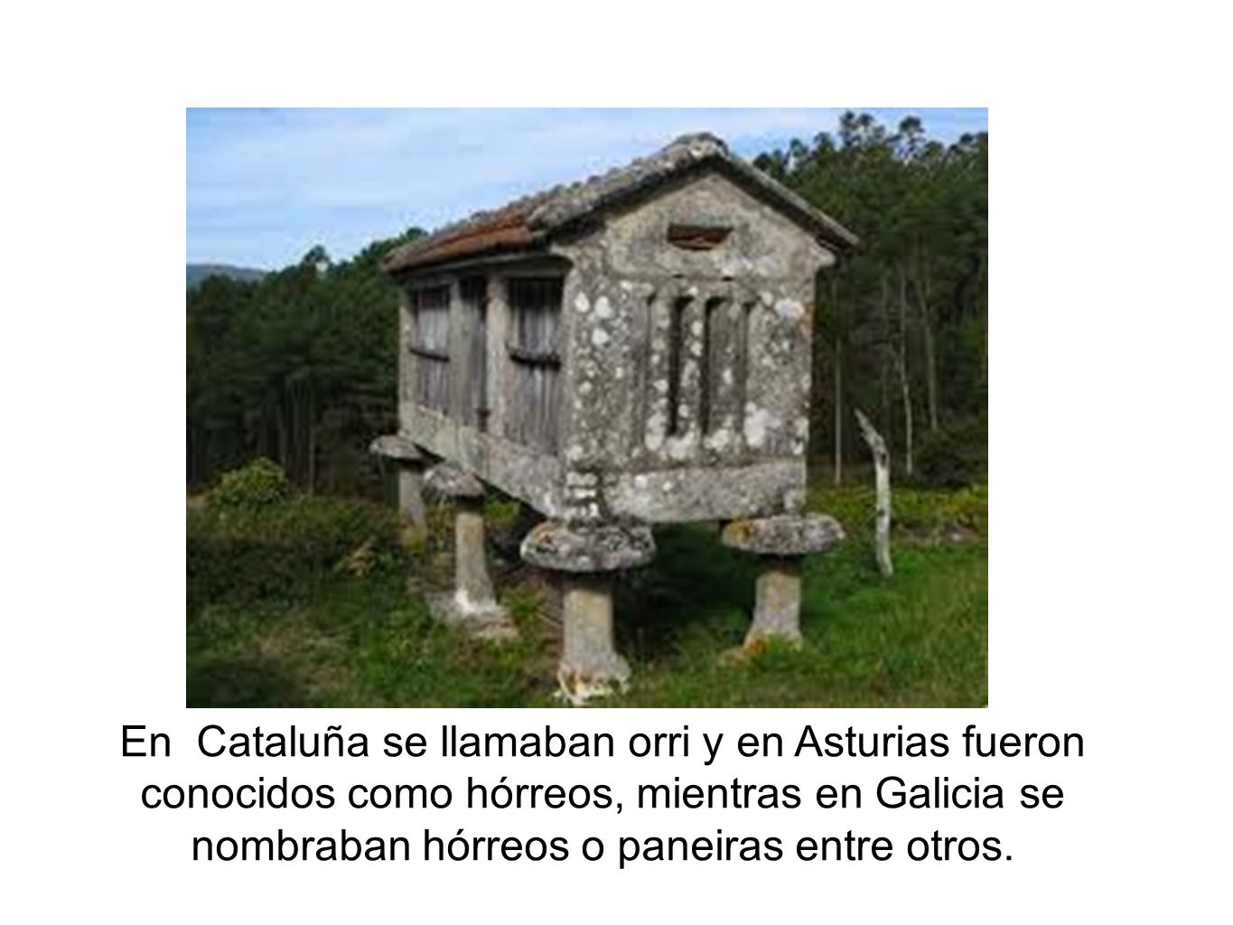 En Cataluña se llamaban orri y en Asturias fueron conocidos como hórreos, mientras en Galicia se nombraban hórreos o paneiras entre otros.
