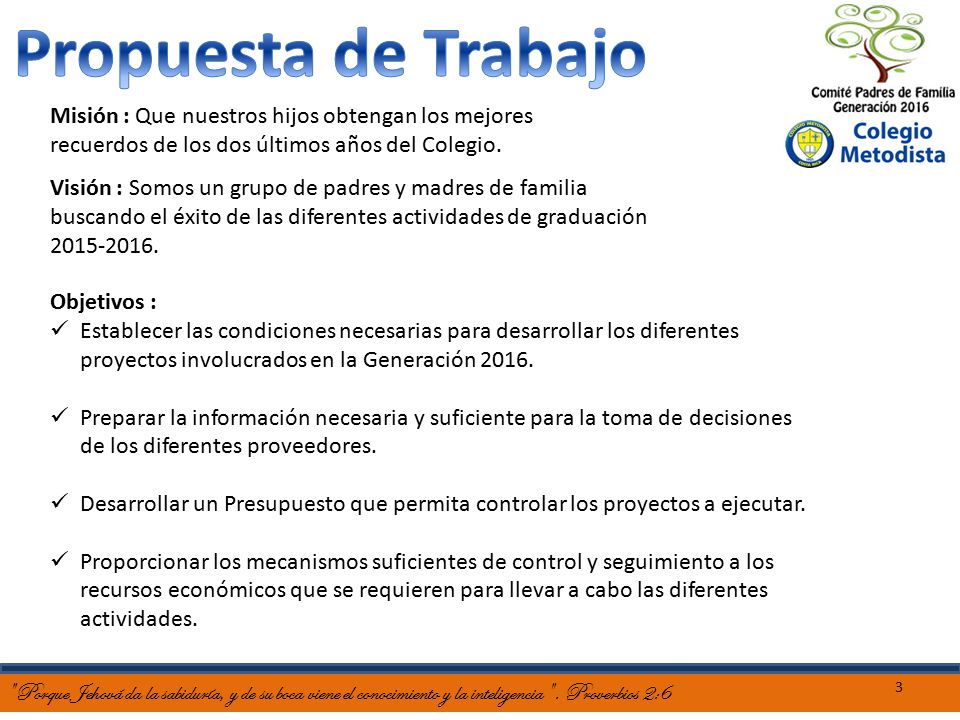 Propuesta de Trabajo Misión : Que nuestros hijos obtengan los mejores recuerdos de los dos últimos años del Colegio.