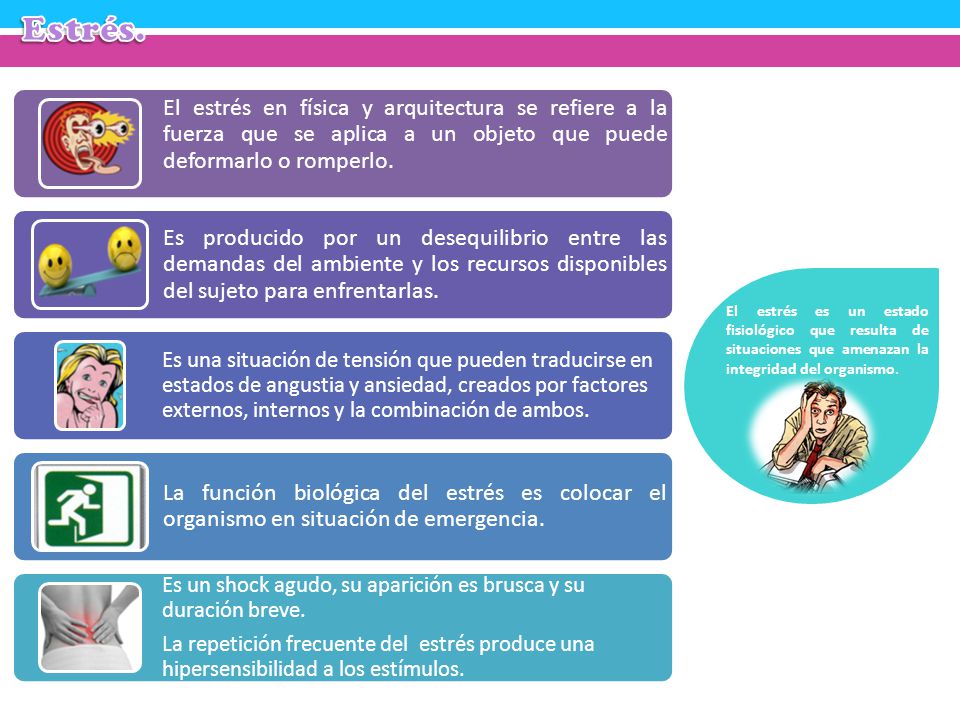 Estrés. El estrés en física y arquitectura se refiere a la fuerza que se aplica a un objeto que puede deformarlo o romperlo.