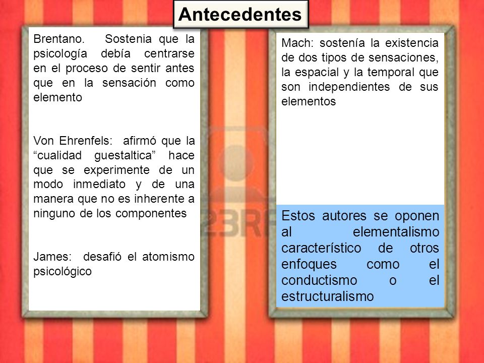 Antecedentes Brentano. Sostenia que la psicología debía centrarse en el proceso de sentir antes que en la sensación como elemento.