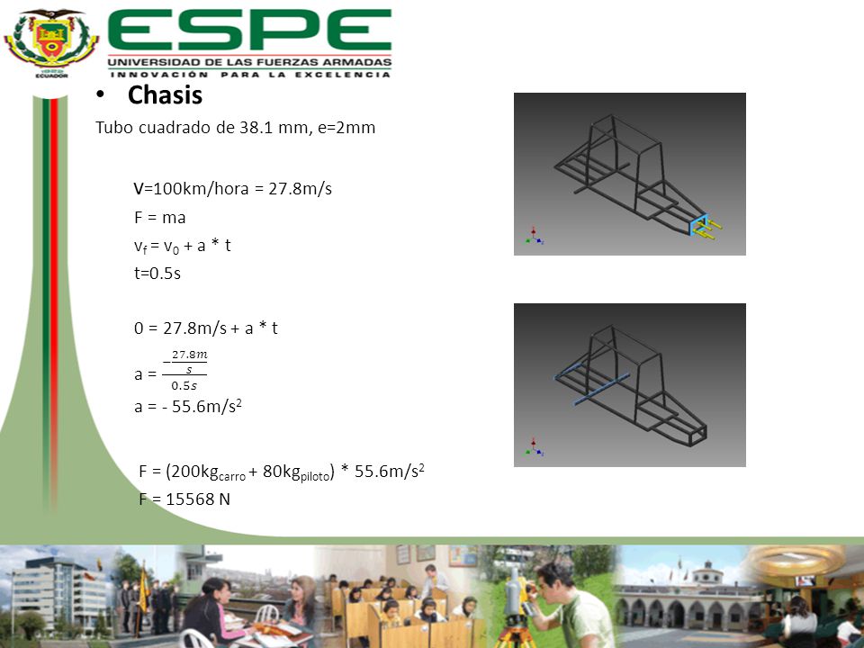 Chasis v=100km/hora = 27.8m/s Tubo cuadrado de 38.1 mm, e=2mm F = ma