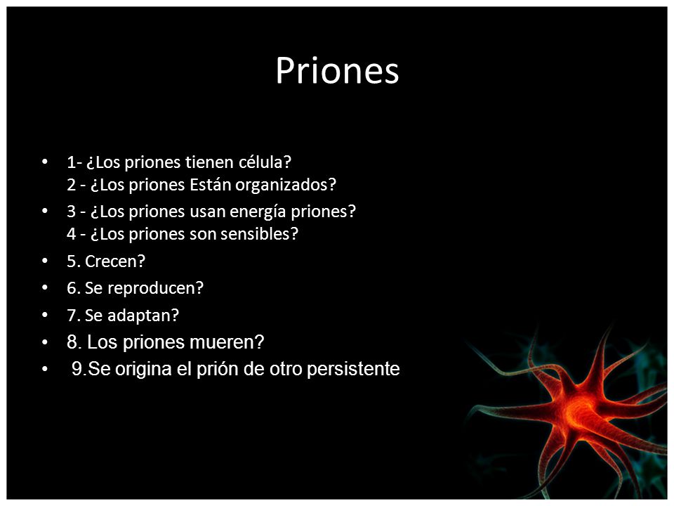 Priones 1- ¿Los priones tienen célula 2 - ¿Los priones Están organizados 3 - ¿Los priones usan energía priones 4 - ¿Los priones son sensibles