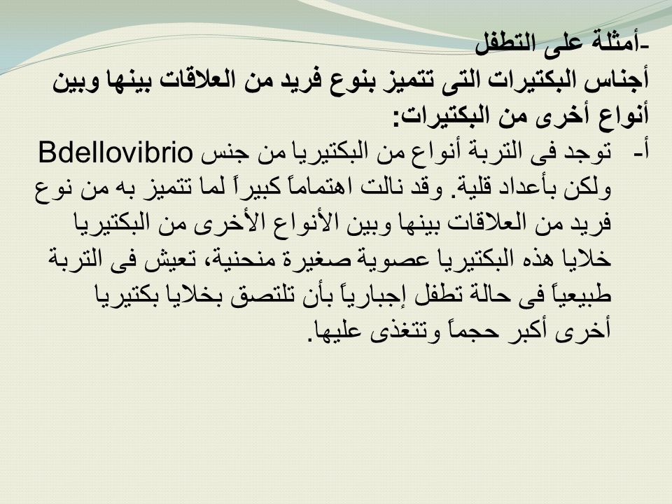 أمثلة على التطفل أجناس البكتيرات التى تتميز بنوع فريد من العلاقات بينها وبين أنواع أخرى من البكتيرات: