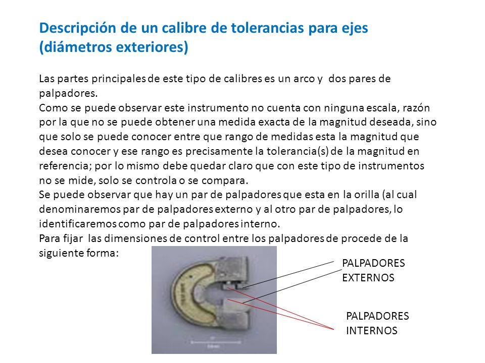 Descripción de un calibre de tolerancias para ejes (diámetros exteriores)