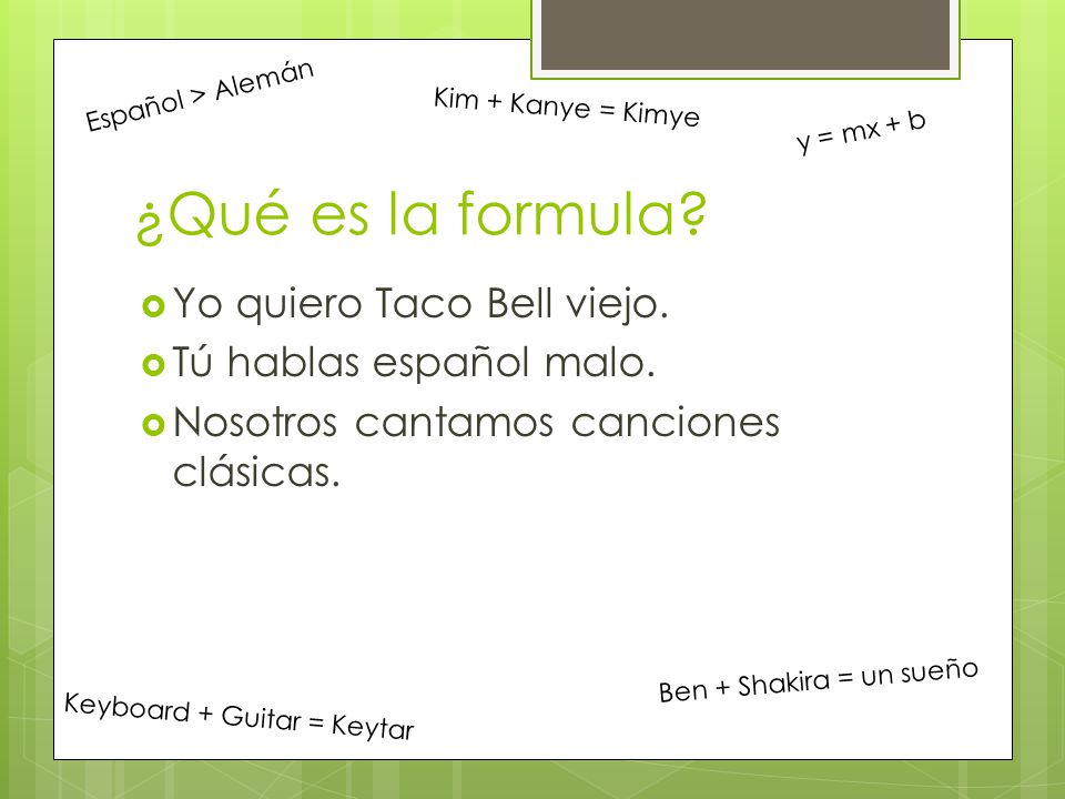 ¿Qué es la formula Yo quiero Taco Bell viejo. Tú hablas español malo.