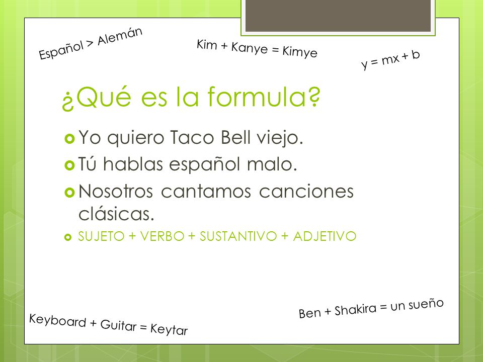 ¿Qué es la formula Yo quiero Taco Bell viejo. Tú hablas español malo.