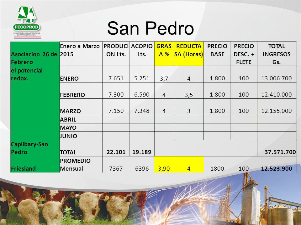 San Pedro Asociacion 26 de Febrero Enero a Marzo 2015 PRODUCION Lts.