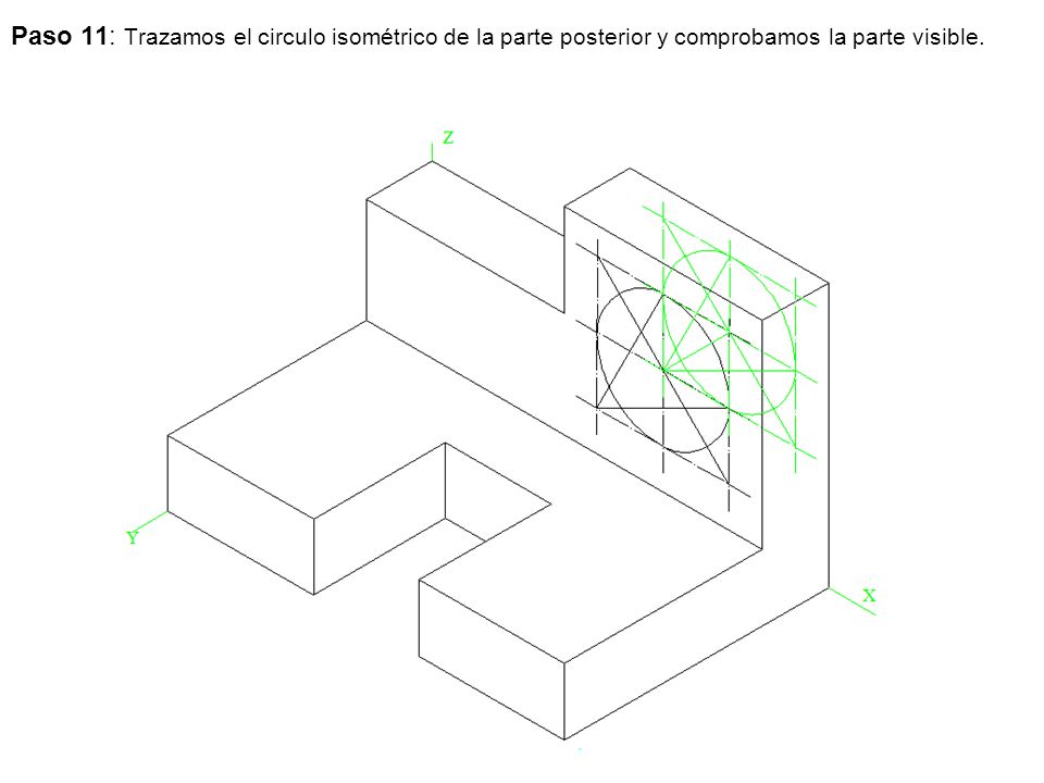 Paso 11: Trazamos el circulo isométrico de la parte posterior y comprobamos la parte visible.