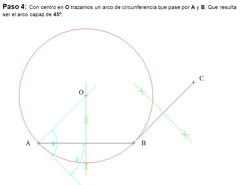 Paso 4: Con centro en O trazamos un arco de circunferencia que pase por A y B.