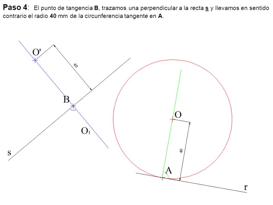 Paso 4: El punto de tangencia B, trazamos una perpendicular a la recta s y llevamos en sentido contrario el radio 40 mm de la circunferencia tangente en A.
