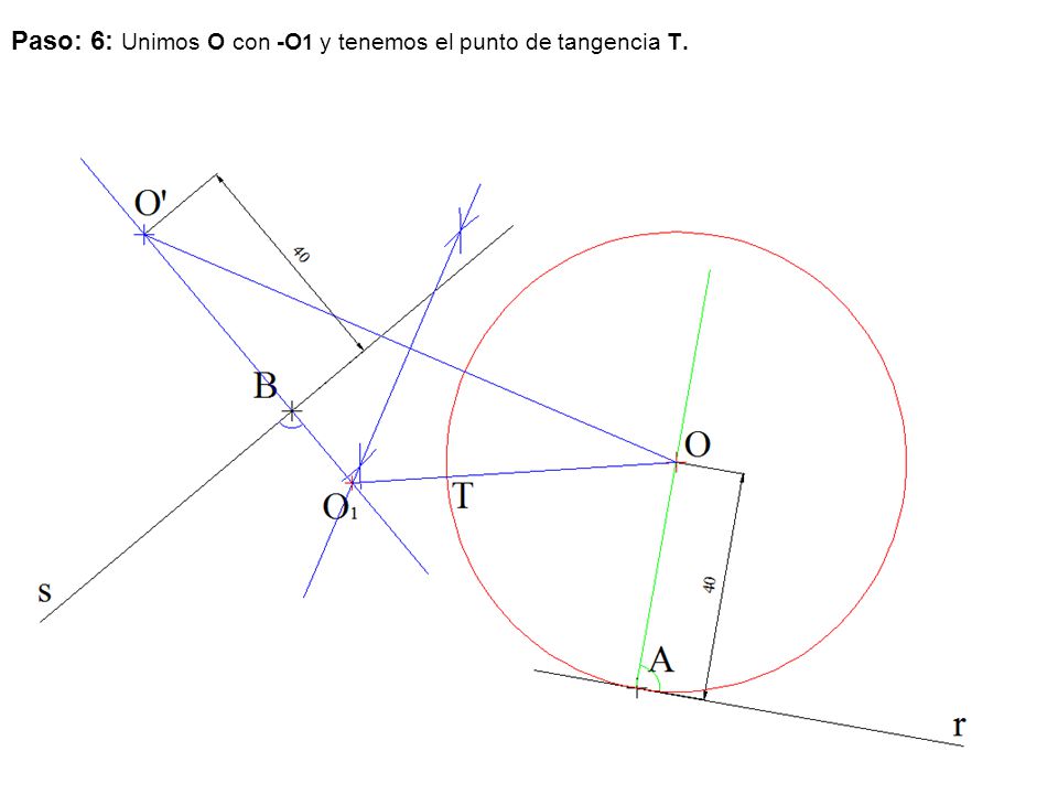 Paso: 6: Unimos O con -O1 y tenemos el punto de tangencia T.