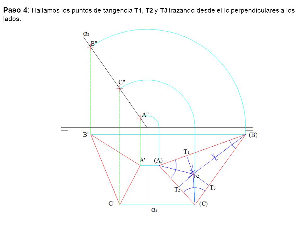 Paso 4: Hallamos los puntos de tangencia T1, T2 y T3 trazando desde el Ic perpendiculares a los lados.