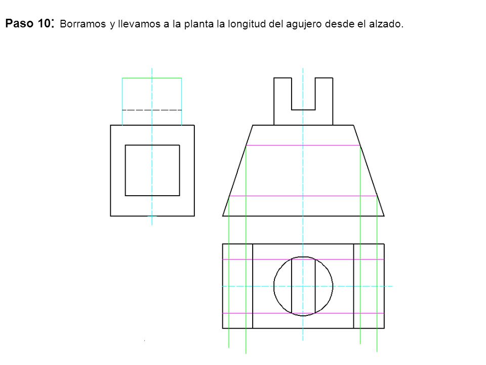 Paso 10: Borramos y llevamos a la planta la longitud del agujero desde el alzado.