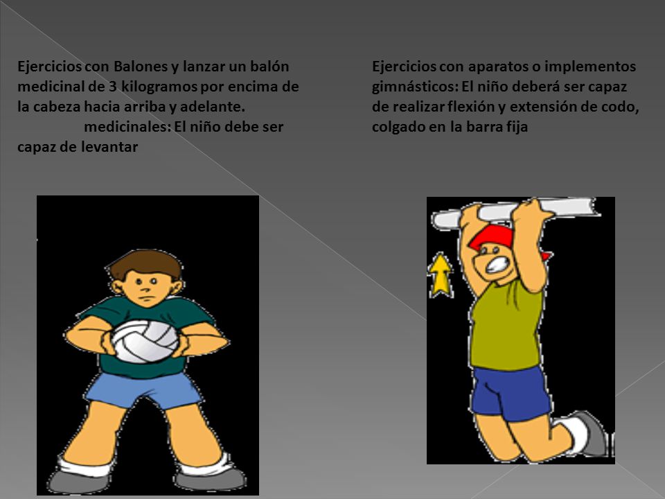 Ejercicios con Balones y lanzar un balón medicinal de 3 kilogramos por encima de la cabeza hacia arriba y adelante. medicinales: El niño debe ser capaz de levantar