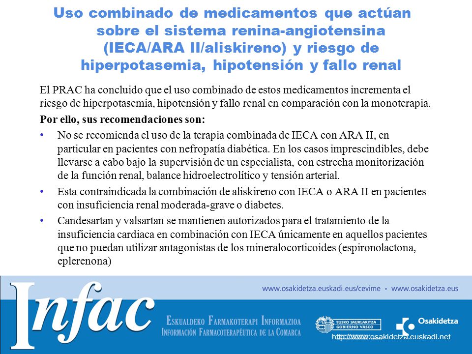 Uso combinado de medicamentos que actúan sobre el sistema renina-angiotensina (IECA/ARA II/aliskireno) y riesgo de hiperpotasemia, hipotensión y fallo renal