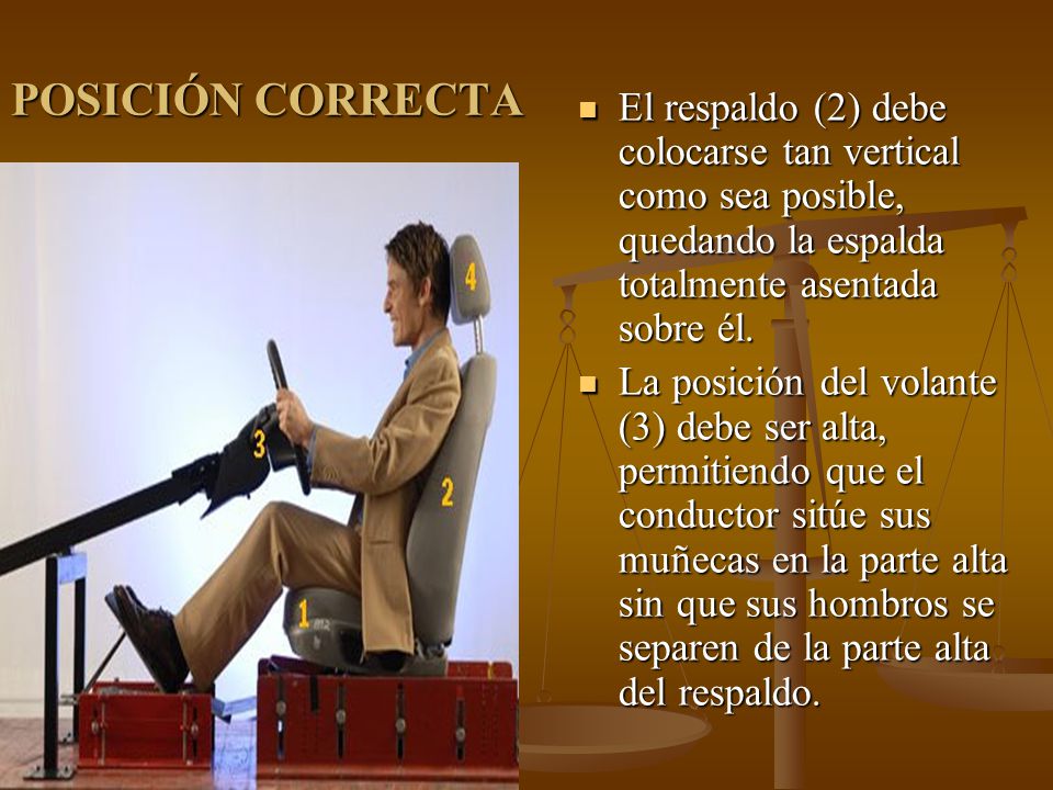 POSICIÓN CORRECTA El respaldo (2) debe colocarse tan vertical como sea posible, quedando la espalda totalmente asentada sobre él.