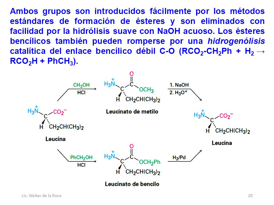 Ambos grupos son introducidos fácilmente por los métodos estándares de formación de ésteres y son eliminados con facilidad por la hidrólisis suave con NaOH acuoso. Los ésteres bencílicos también pueden romperse por una hidrogenólisis catalítica del enlace bencílico débil C-O (RCO2-CH2Ph + H2 → RCO2H + PhCH3).