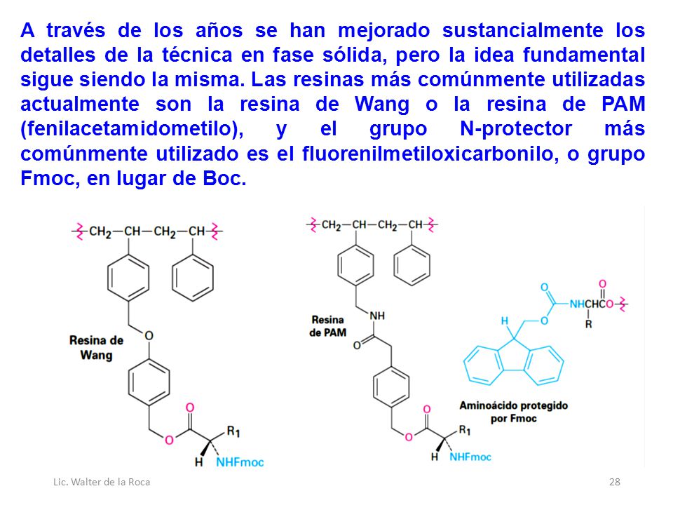 A través de los años se han mejorado sustancialmente los detalles de la técnica en fase sólida, pero la idea fundamental sigue siendo la misma. Las resinas más comúnmente utilizadas actualmente son la resina de Wang o la resina de PAM (fenilacetamidometilo), y el grupo N-protector más comúnmente utilizado es el fluorenilmetiloxicarbonilo, o grupo Fmoc, en lugar de Boc.