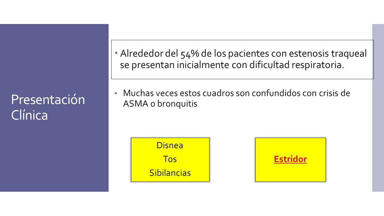 Presentación Clínica Alrededor del 54% de los pacientes con estenosis traqueal se presentan inicialmente con dificultad respiratoria.