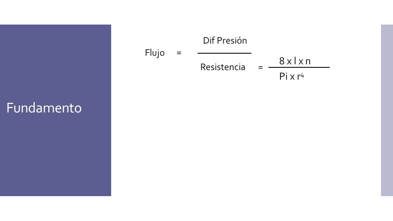 Fundamento Dif Presión Flujo = 8 x l x n Pi x r4 Resistencia =