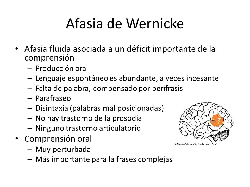 Afasia de Wernicke Afasia fluida asociada a un déficit importante de la comprensión. Producción oral.