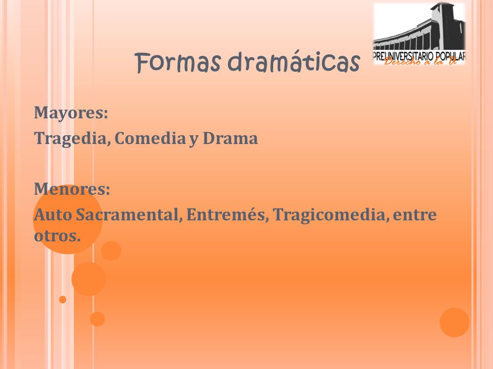 Formas dramáticas Mayores: Tragedia, Comedia y Drama Menores:
