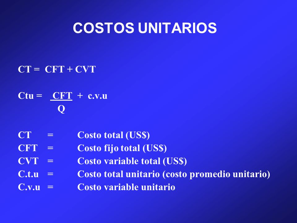 COSTOS UNITARIOS CT = CFT + CVT Ctu = CFT + c.v.u Q