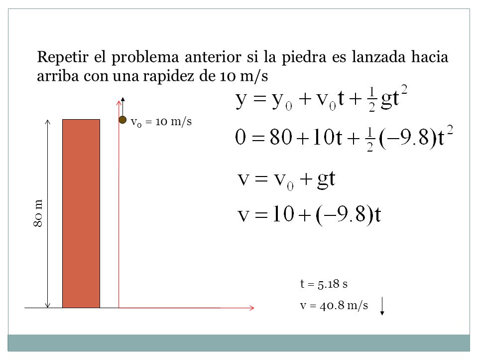 Repetir el problema anterior si la piedra es lanzada hacia arriba con una rapidez de 10 m/s