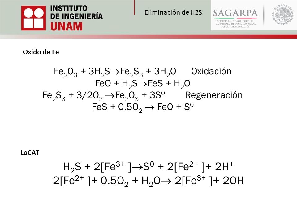 H2S + 2Fe3+ S0 + 2Fe2+ + 2H+ 2Fe2+ + 0.5O2 + H2O 2Fe3+ + 2OH