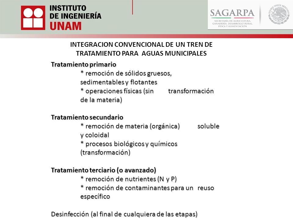 INTEGRACION CONVENCIONAL DE UN TREN DE TRATAMIENTO PARA AGUAS MUNICIPALES