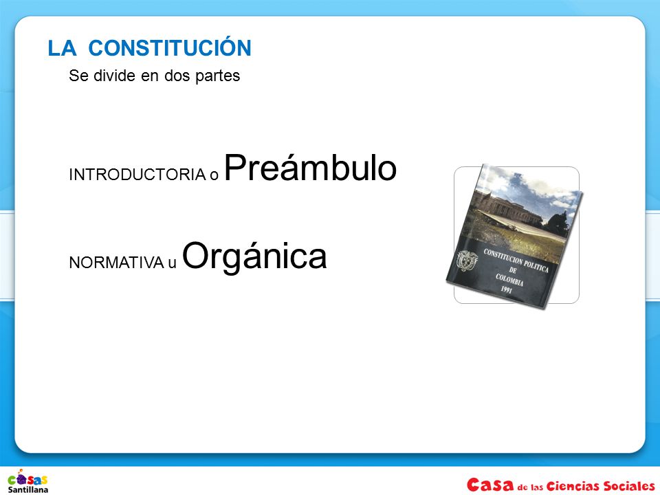 LA CONSTITUCIÓN Se divide en dos partes INTRODUCTORIA o Preámbulo