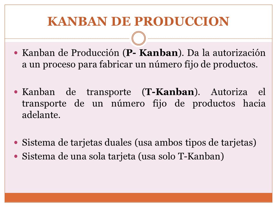 KANBAN DE PRODUCCION Kanban de Producción (P- Kanban). Da la autorización a un proceso para fabricar un número fijo de productos.