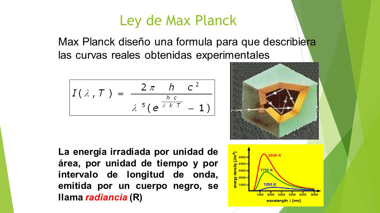Ley de Max Planck Max Planck diseño una formula para que describiera las curvas reales obtenidas experimentales.
