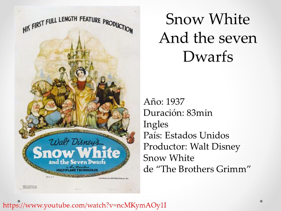 Snow White And the seven Dwarfs Año: 1937 Duración: 83min Ingles