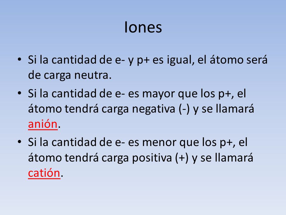 Iones Si la cantidad de e- y p+ es igual, el átomo será de carga neutra.
