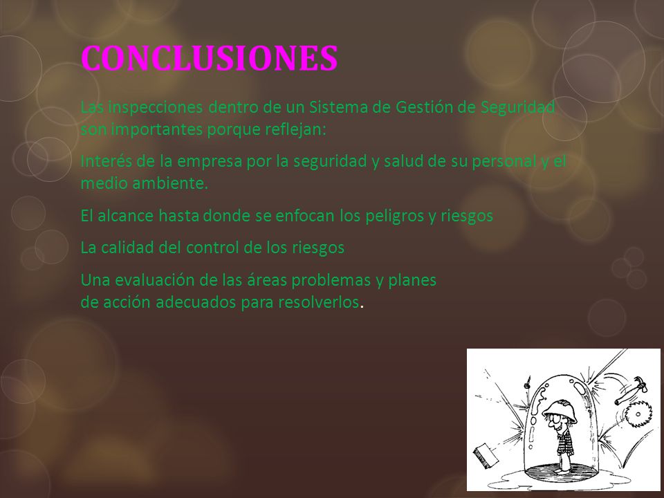 CONCLUSIONES Las inspecciones dentro de un Sistema de Gestión de Seguridad son importantes porque reflejan: