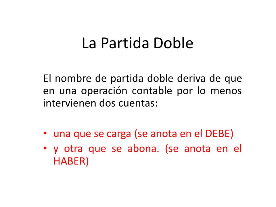 La Partida Doble El nombre de partida doble deriva de que en una operación contable por lo menos intervienen dos cuentas: