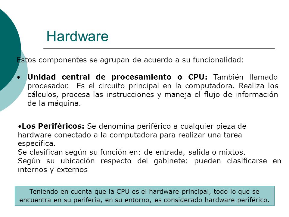 Hardware Estos componentes se agrupan de acuerdo a su funcionalidad: